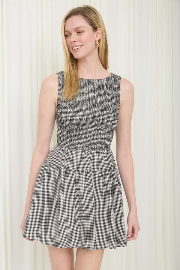 Gingham Sleeveless Smocked Mini Dress - Blush & Cactus