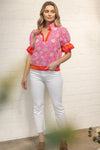 Color Block Ruffle Detailed Floral Eyelet Top - Blush & Cactus