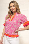 Color Block Ruffle Detailed Floral Eyelet Top - Blush & Cactus