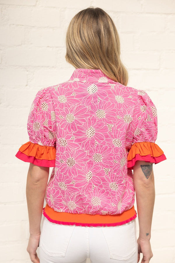 Color Block Ruffle Detailed Floral Eyelet Top - Blush & Cactus