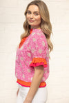 Color Block Ruffle Detailed Floral Eyelet Top - Blush & Cactus