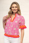 Color Block Ruffle Detailed Floral Eyelet Top - Blush & Cactus