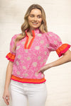 Color Block Ruffle Detailed Floral Eyelet Top - Blush & Cactus
