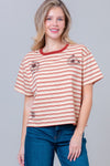 Short Sleeve Striped Horseshoe Print Embroidery - Blush & Cactus
