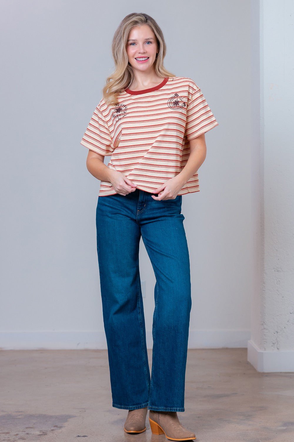 Short Sleeve Striped Horseshoe Print Embroidery - Blush & Cactus
