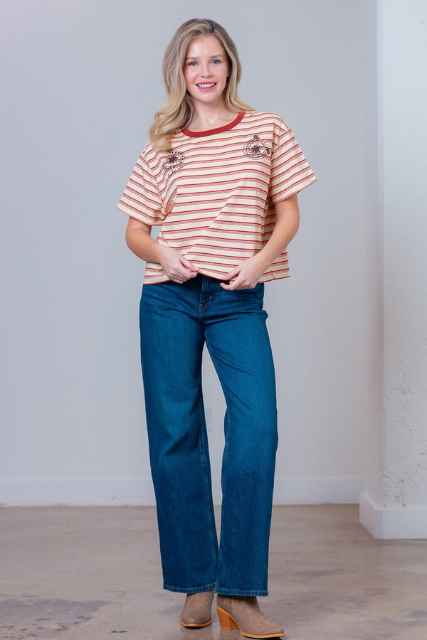 Short Sleeve Striped Horseshoe Print Embroidery - Blush & Cactus