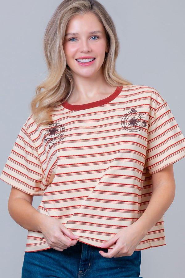 Short Sleeve Striped Horseshoe Print Embroidery - Blush & Cactus