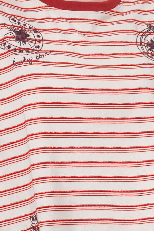 Short Sleeve Striped Horseshoe Print Embroidery - Blush & Cactus