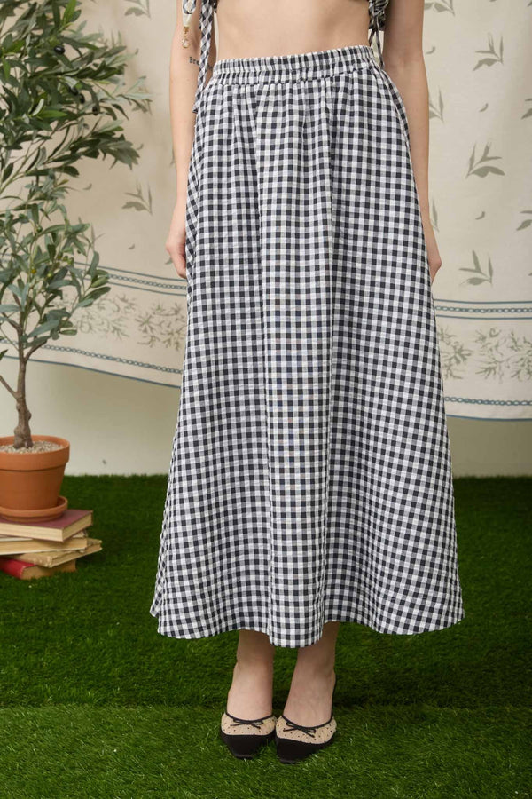 Gingham Elastic Waist Midi Skirt & sleeveless Top Set