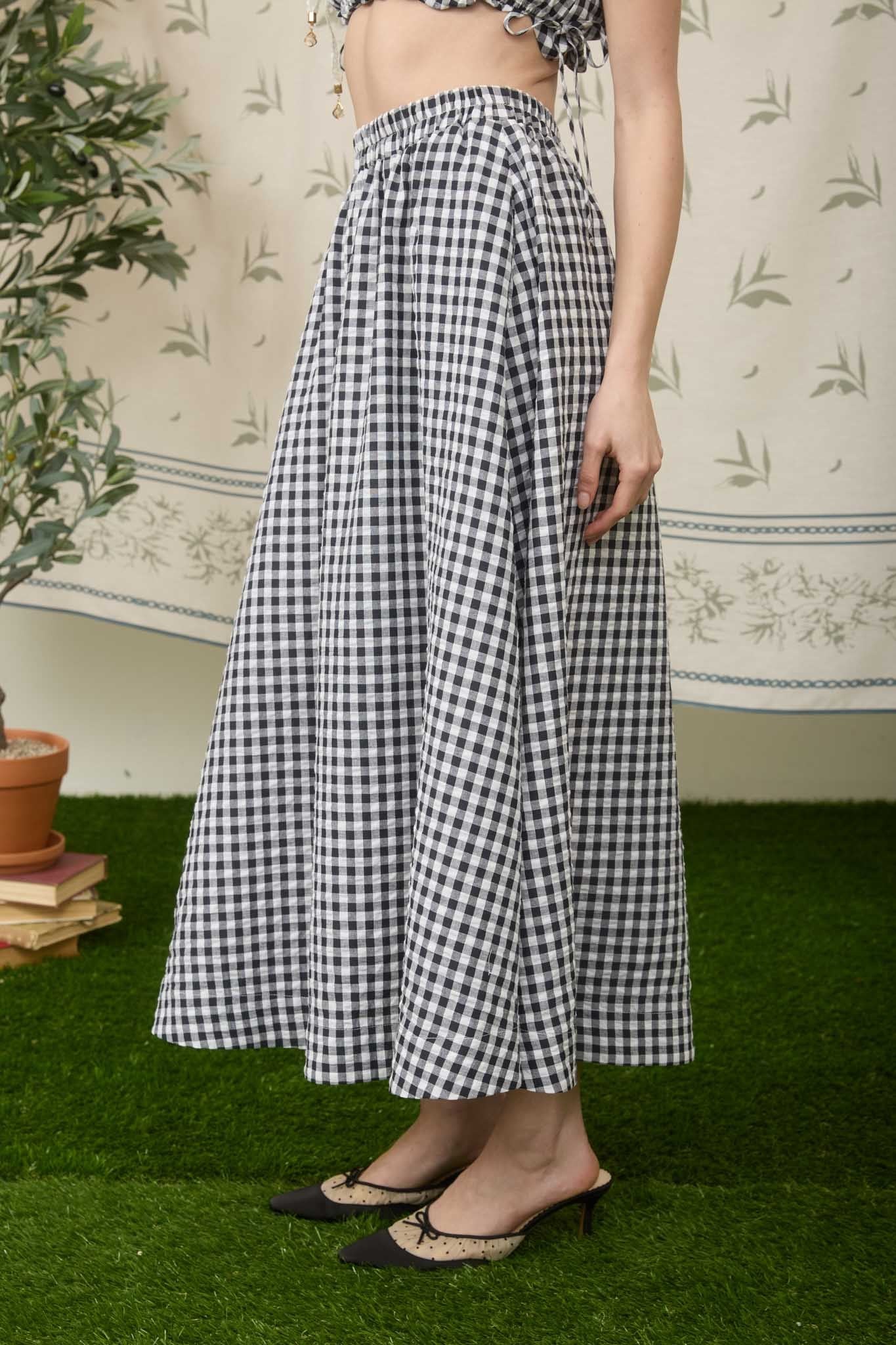 Gingham Elastic Waist Midi Skirt & sleeveless Top Set