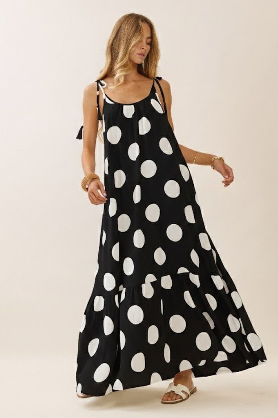 ODDI Polka Dot Tie - Strap Maxi Dress - Blush & Cactus