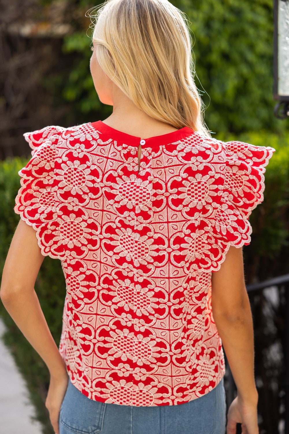 Scallop Ruffle Detail Floral Embroidered Top - Blush & Cactus