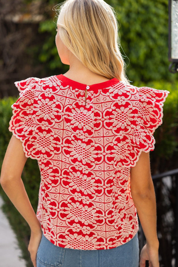 Scallop Ruffle Detail Floral Embroidered Top - Blush & Cactus