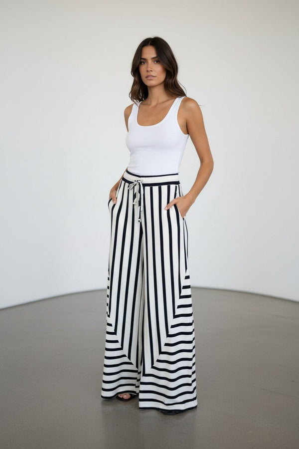 Mixed - stripe Terry Wide - leg Pants & Top Set - Blush & Cactus