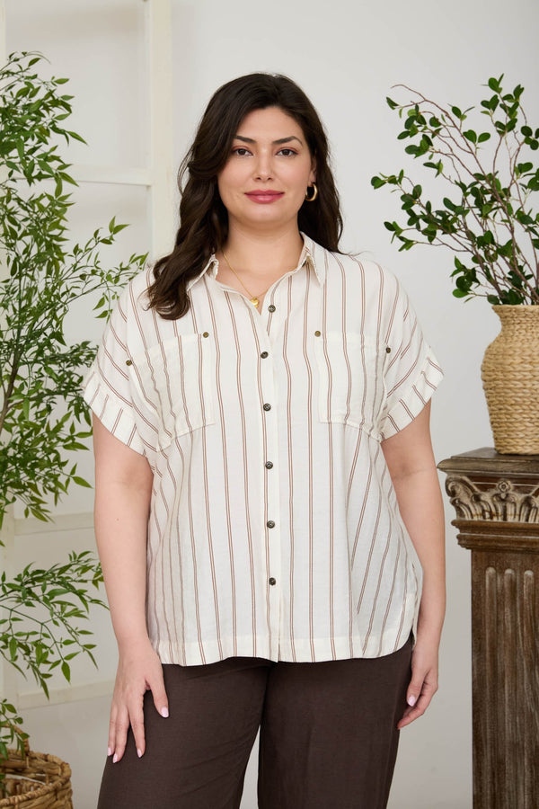Stripe Collared Snap Button Short Sleeve Top - Curvy Size - Blush & Cactus