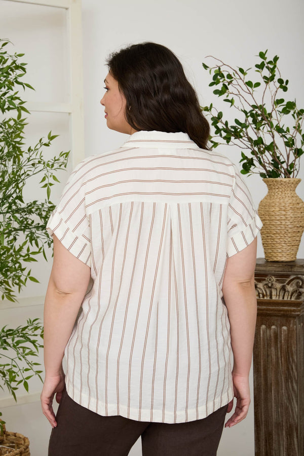 Stripe Collared Snap Button Short Sleeve Top - Curvy Size - Blush & Cactus