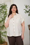 Stripe Collared Snap Button Short Sleeve Top - Curvy Size - Blush & Cactus
