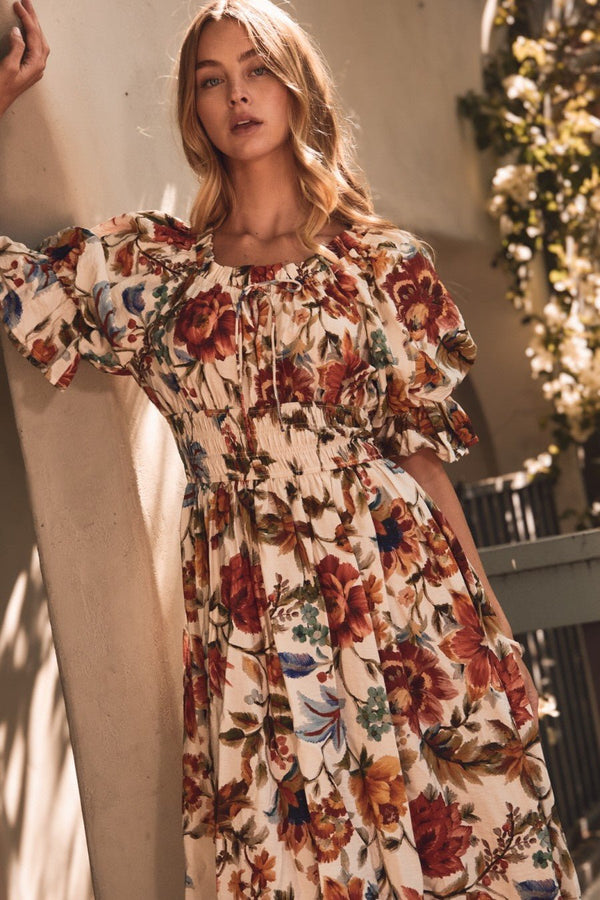 Floral Printed Smocked Waist Midi Dress