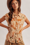 Western Desert Button Down Muscle Shirt - Blush & Cactus