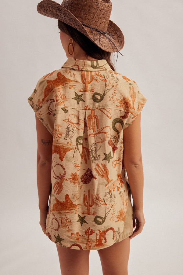 Western Desert Button Down Muscle Shirt - Blush & Cactus