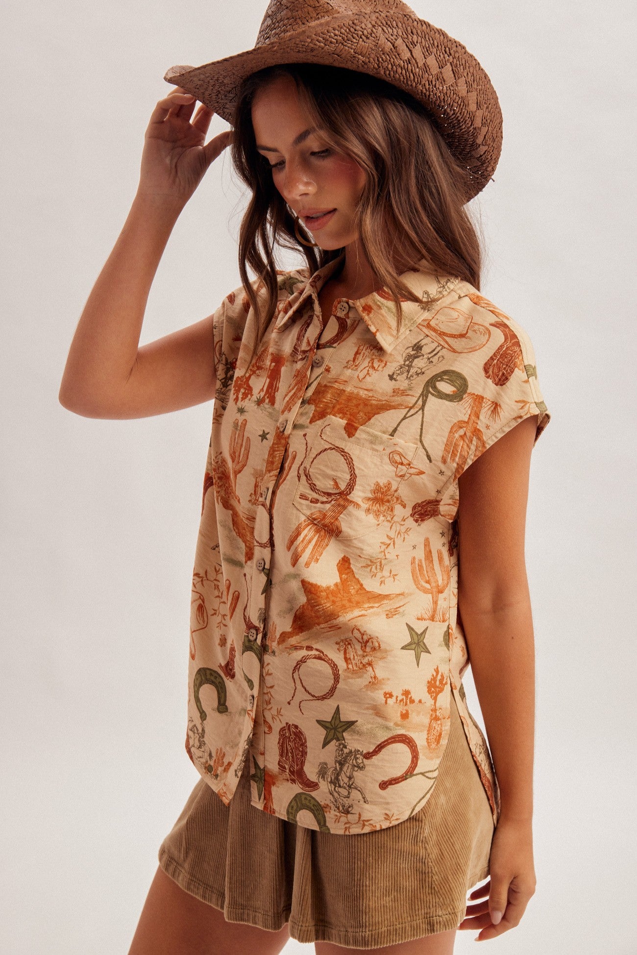 Western Desert Button Down Muscle Shirt - Blush & Cactus