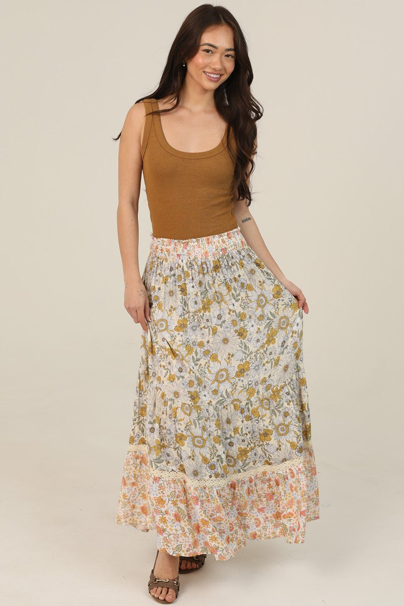 Twin Print Lace Trim Smocked Waist Floral Print Maxi Skirt