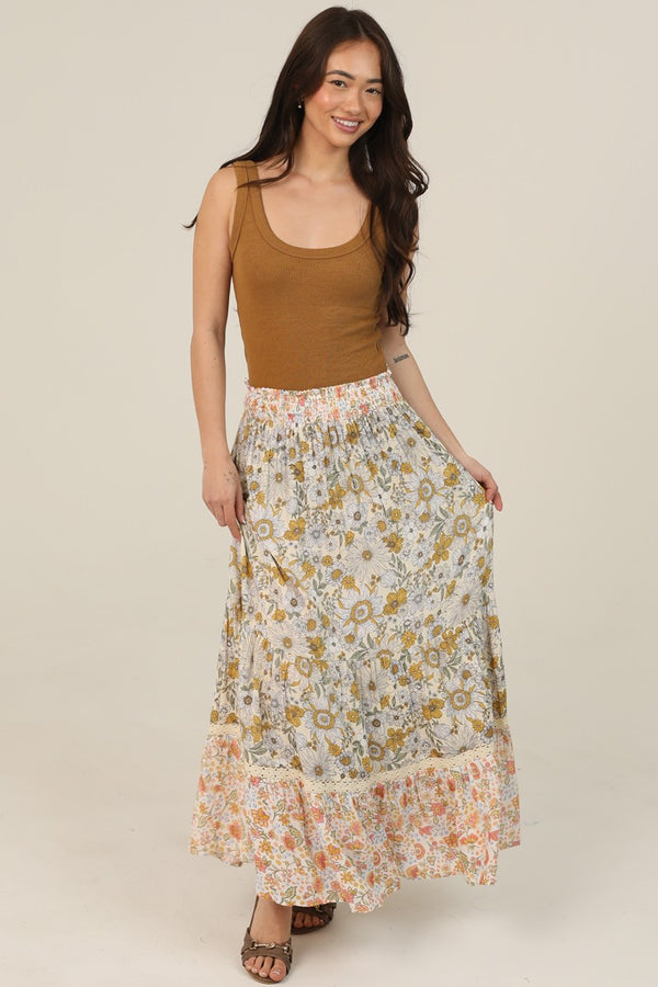 Twin Print Lace Trim Smocked Waist Floral Print Maxi Skirt