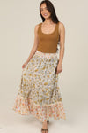 Twin Print Lace Trim Smocked Waist Floral Print Maxi Skirt