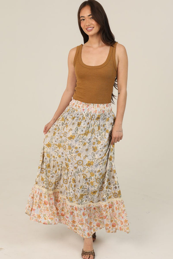 Twin Print Lace Trim Smocked Waist Floral Print Maxi Skirt