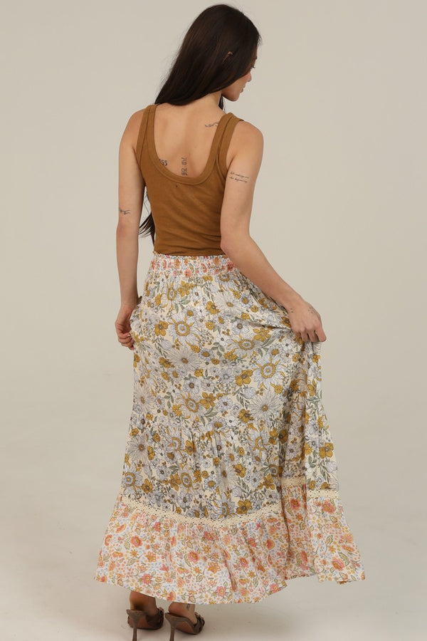 Twin Print Lace Trim Smocked Waist Floral Print Maxi Skirt