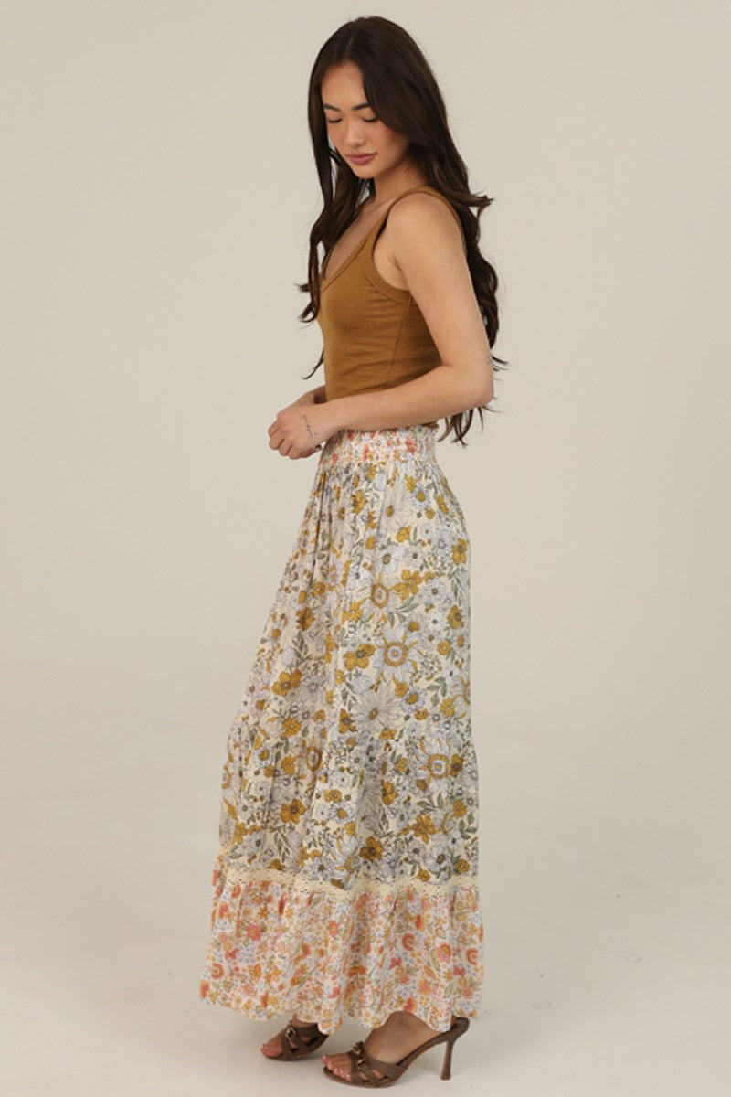 Twin Print Lace Trim Smocked Waist Floral Print Maxi Skirt