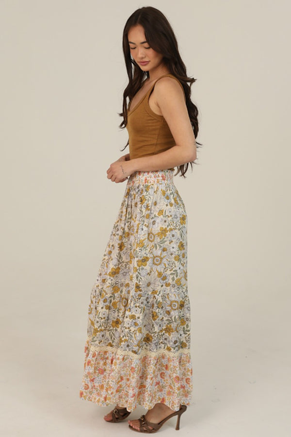 Twin Print Lace Trim Smocked Waist Floral Print Maxi Skirt