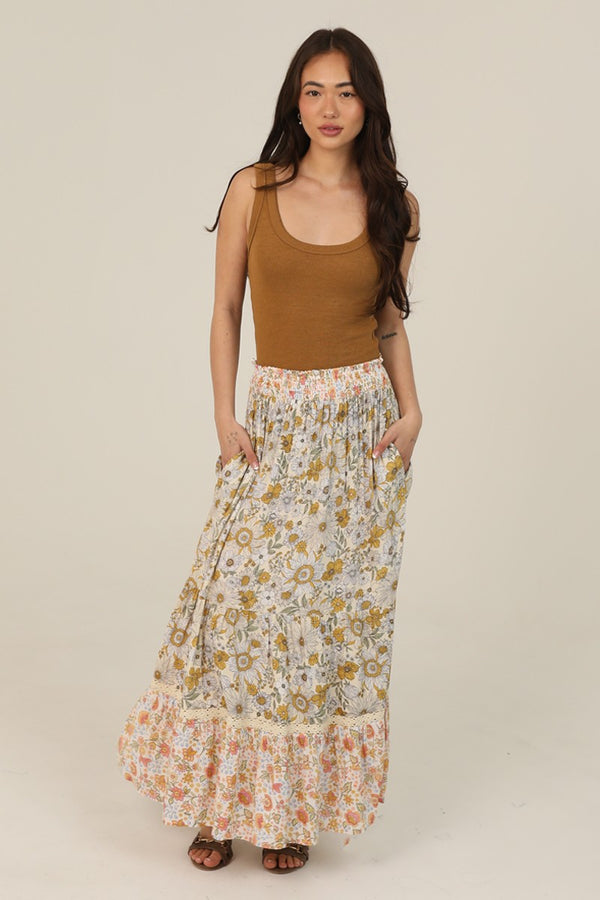 Twin Print Lace Trim Smocked Waist Floral Print Maxi Skirt