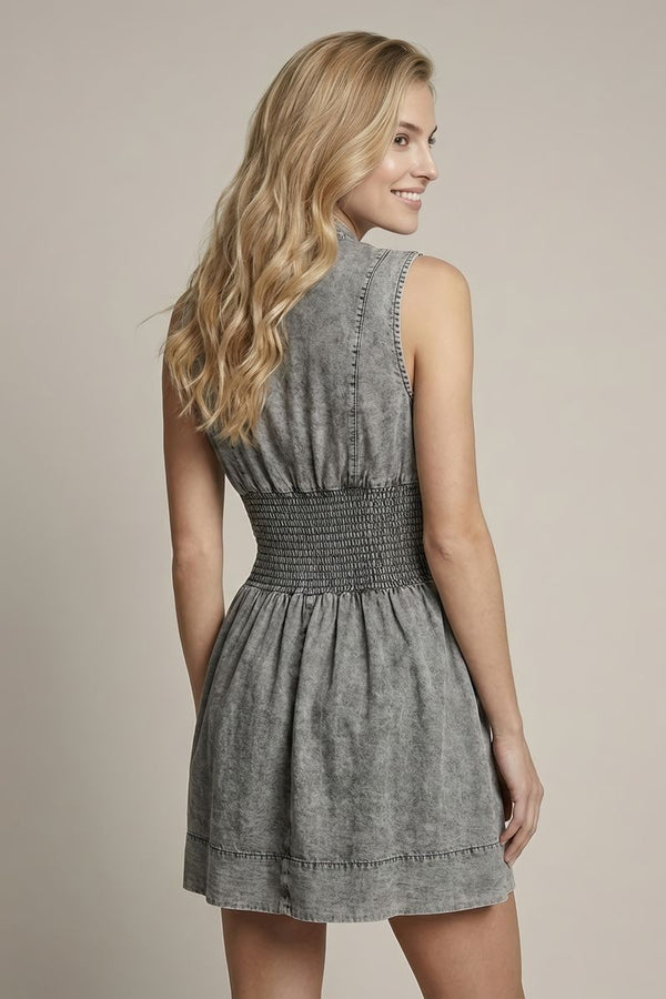 Chambray V-neck Smocked Waist Zip-front Mini Dress