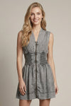 Chambray V-neck Smocked Waist Zip-front Mini Dress