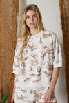 Western Print Short Sleeve Drop Shoulder Knit Top - Blush & Cactus