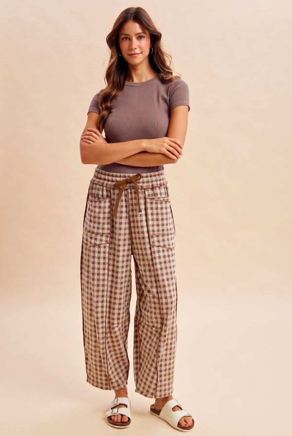Soft Brushed Check Barrel Utility Pants - Blush & Cactus