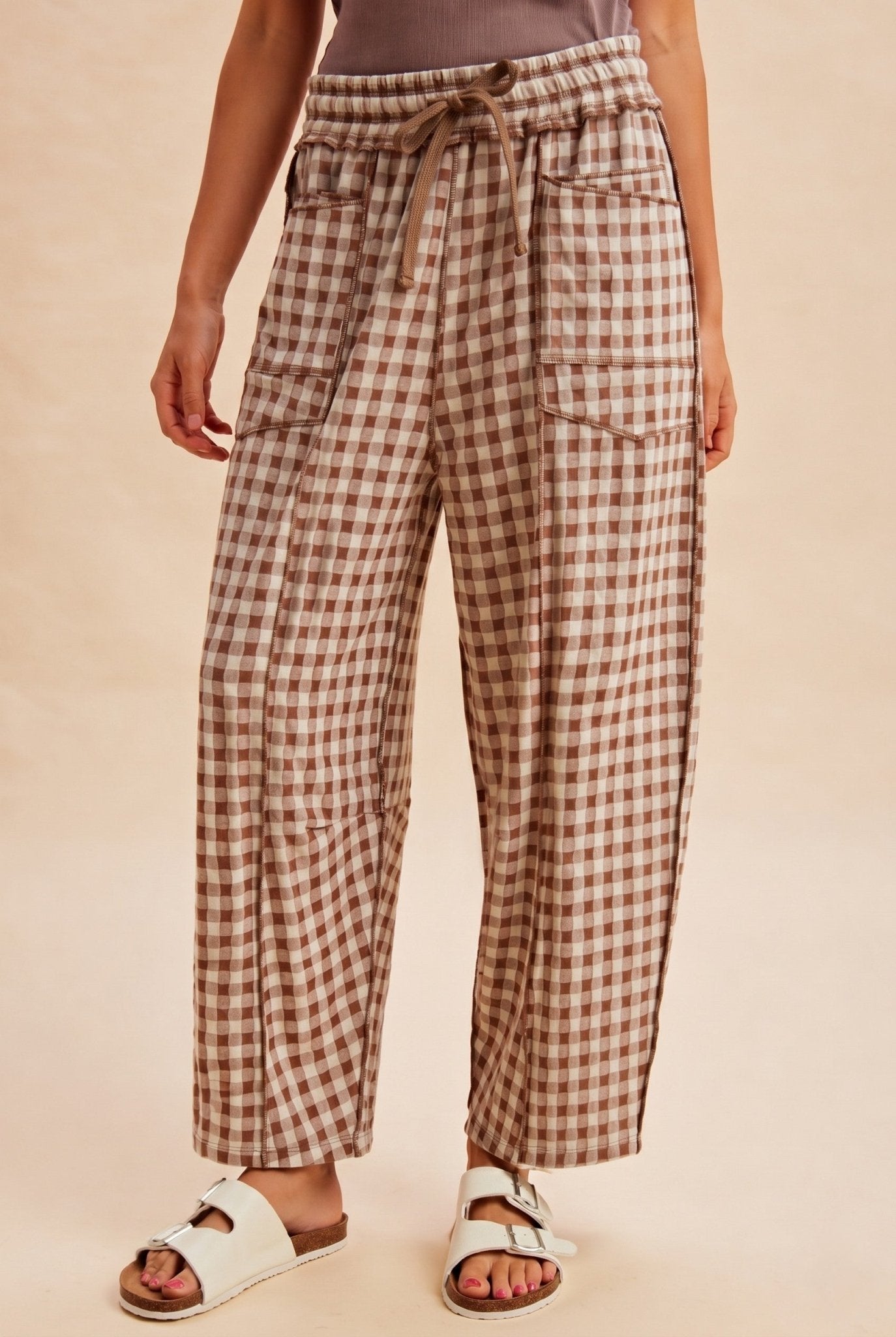 Soft Brushed Check Barrel Utility Pants - Blush & Cactus