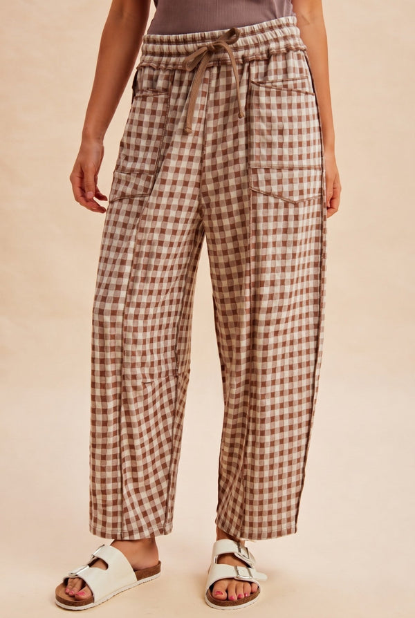 Soft Brushed Check Barrel Utility Pants - Blush & Cactus