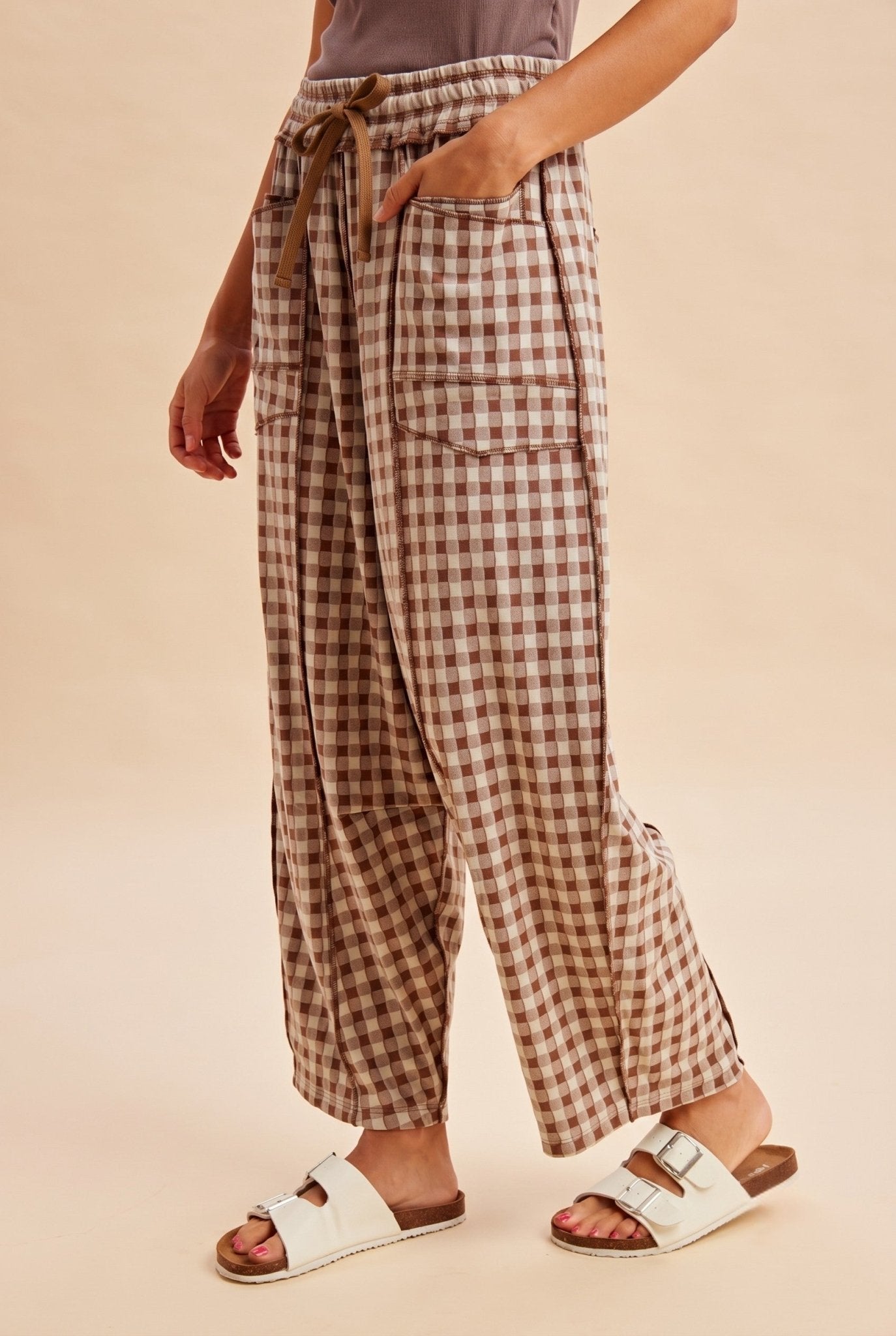 Soft Brushed Check Barrel Utility Pants - Blush & Cactus