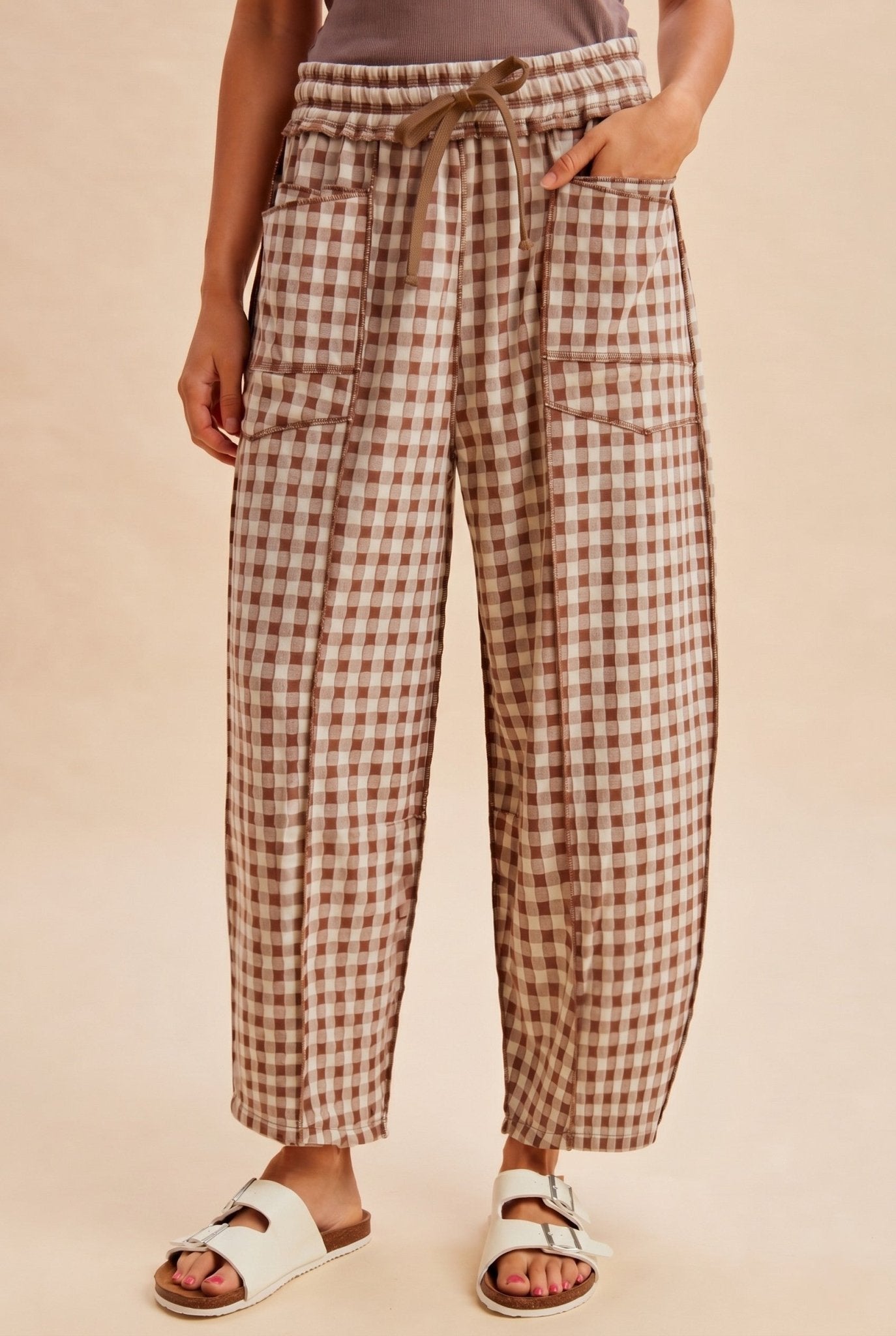 Soft Brushed Check Barrel Utility Pants - Blush & Cactus
