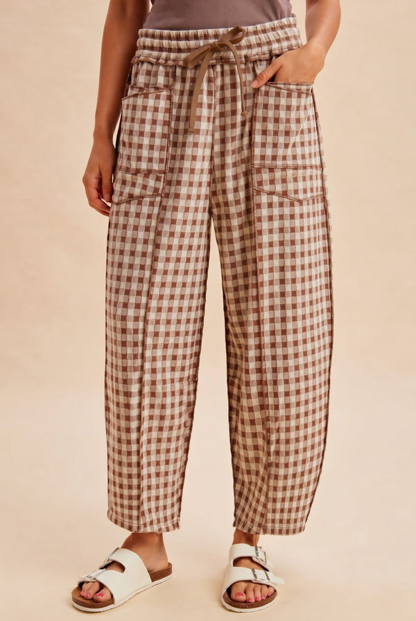Soft Brushed Check Barrel Utility Pants - Blush & Cactus