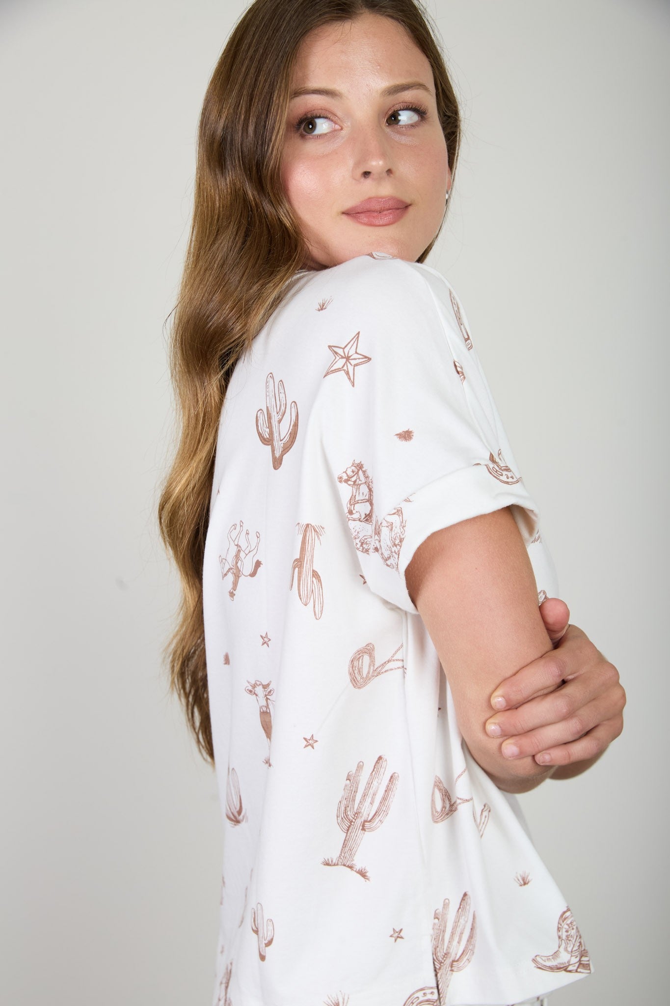 Western Print Cuff Sleeve Knit T-shirt