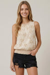 Floral Embroidery Sleeveless Top With Mini Ruffle Button Top