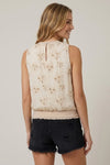 Floral Embroidery Sleeveless Top With Mini Ruffle Button Top