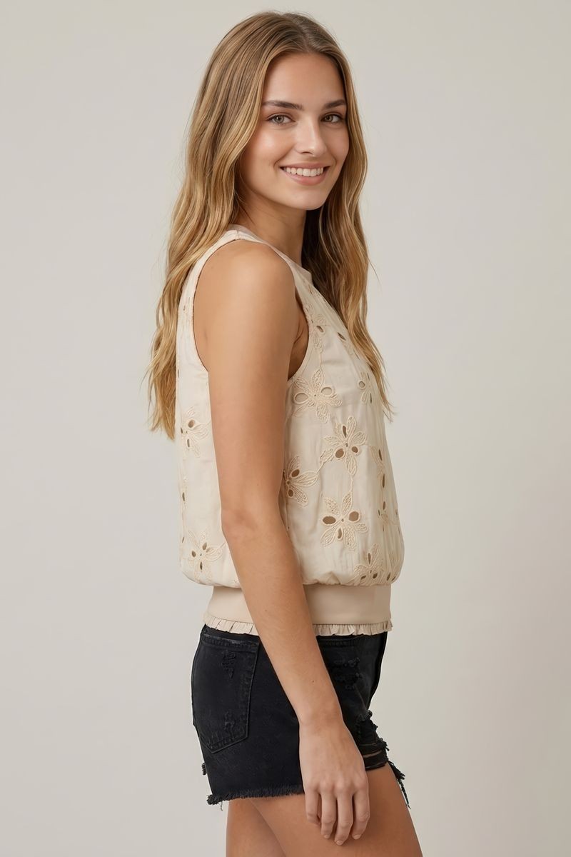 Floral Embroidery Sleeveless Top With Mini Ruffle Button Top
