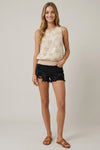 Floral Embroidery Sleeveless Top With Mini Ruffle Button Top
