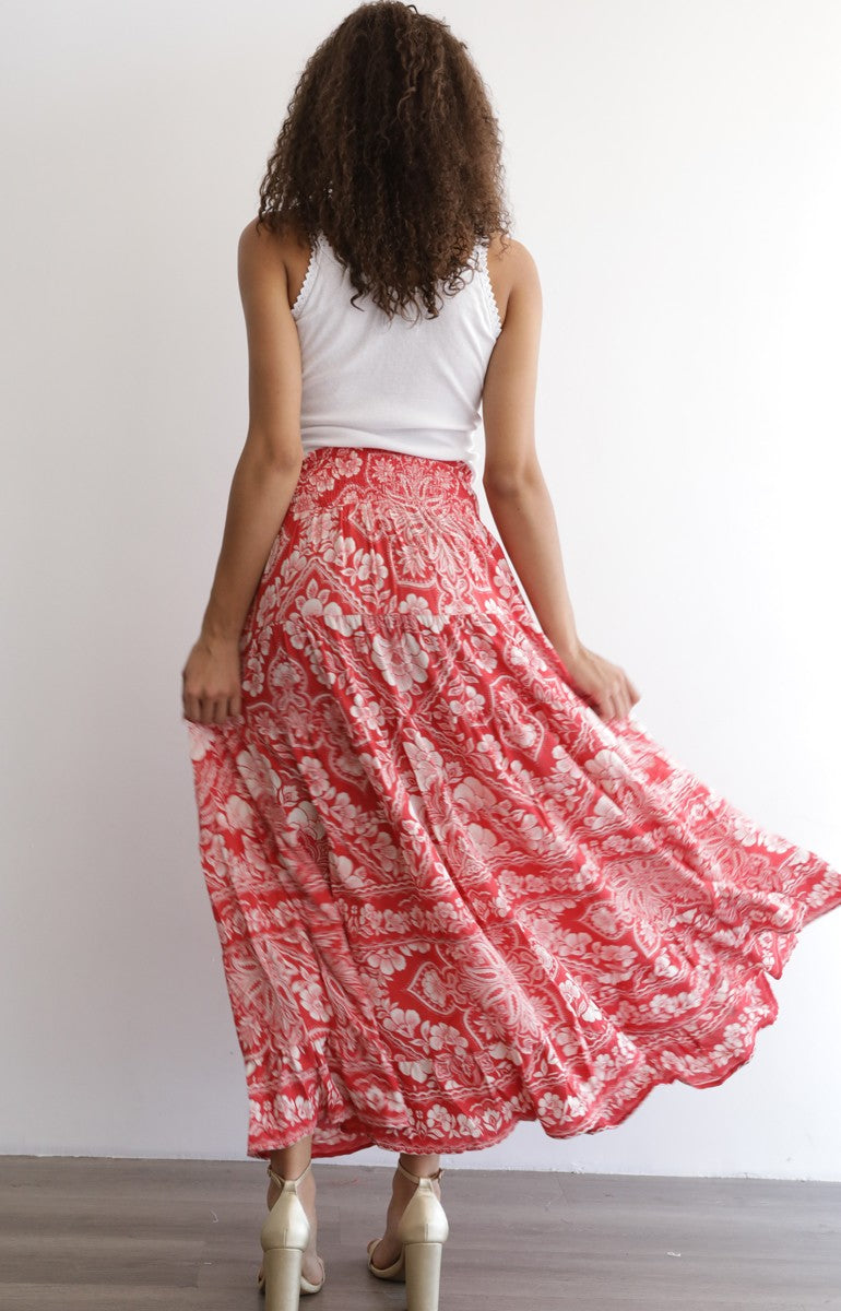Printed Tiered A Line Maxi Skirt With Smocked Waist
