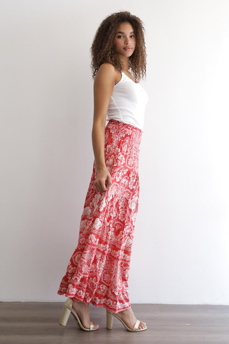 Printed Tiered A Line Maxi Skirt With Smocked Waist