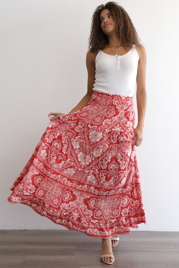 Printed Tiered A Line Maxi Skirt With Smocked Waist
